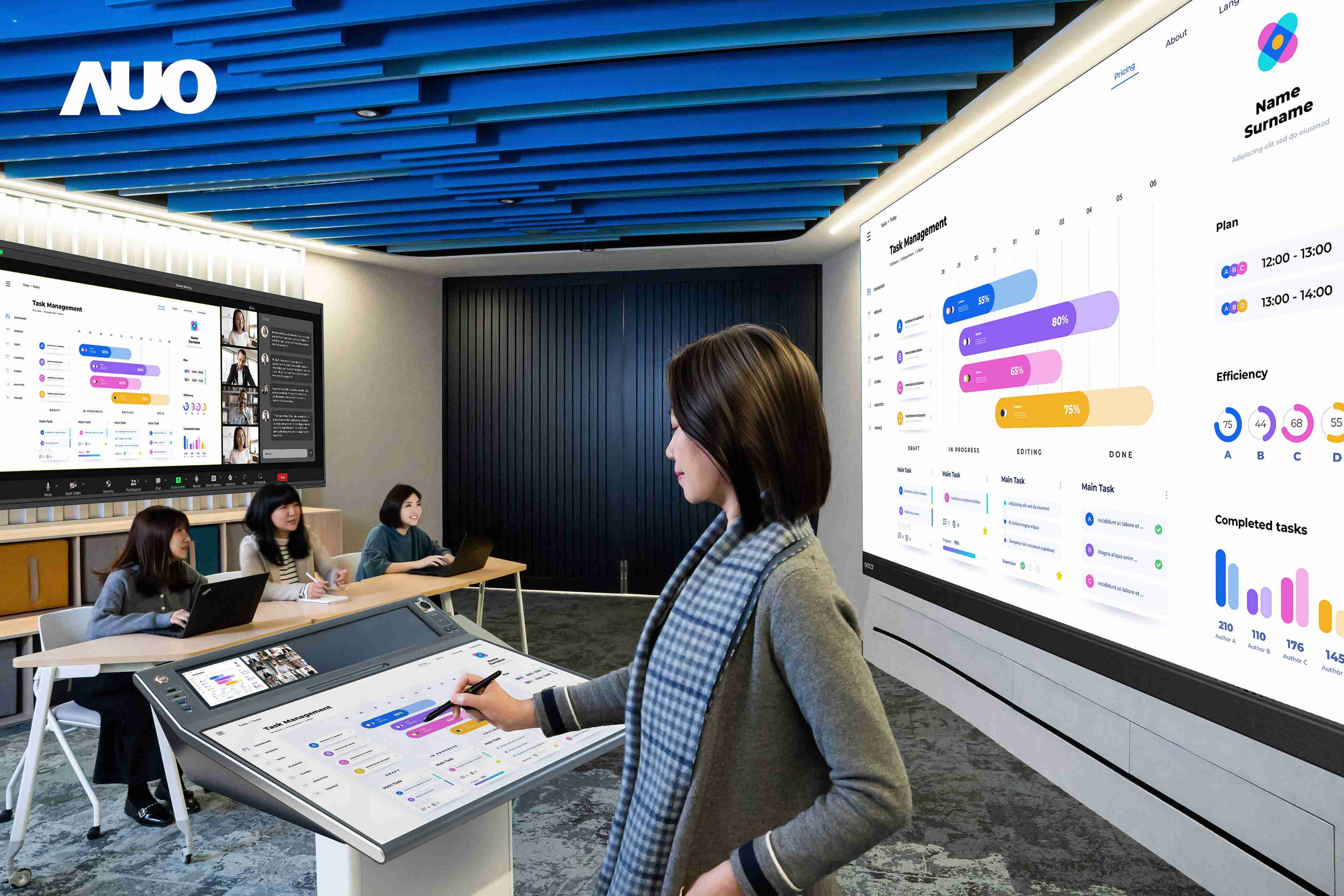 达擎携手Avocor与Rise Vision展示全方位商务领域应用，，，，包含采用模块化设计的138吋一体式All-in-One LED显示器及具21:9超宽比例的92吋交互式电子白板（IFPD），，讲者可轻松分享内容，，有效提升会议协作效率。。